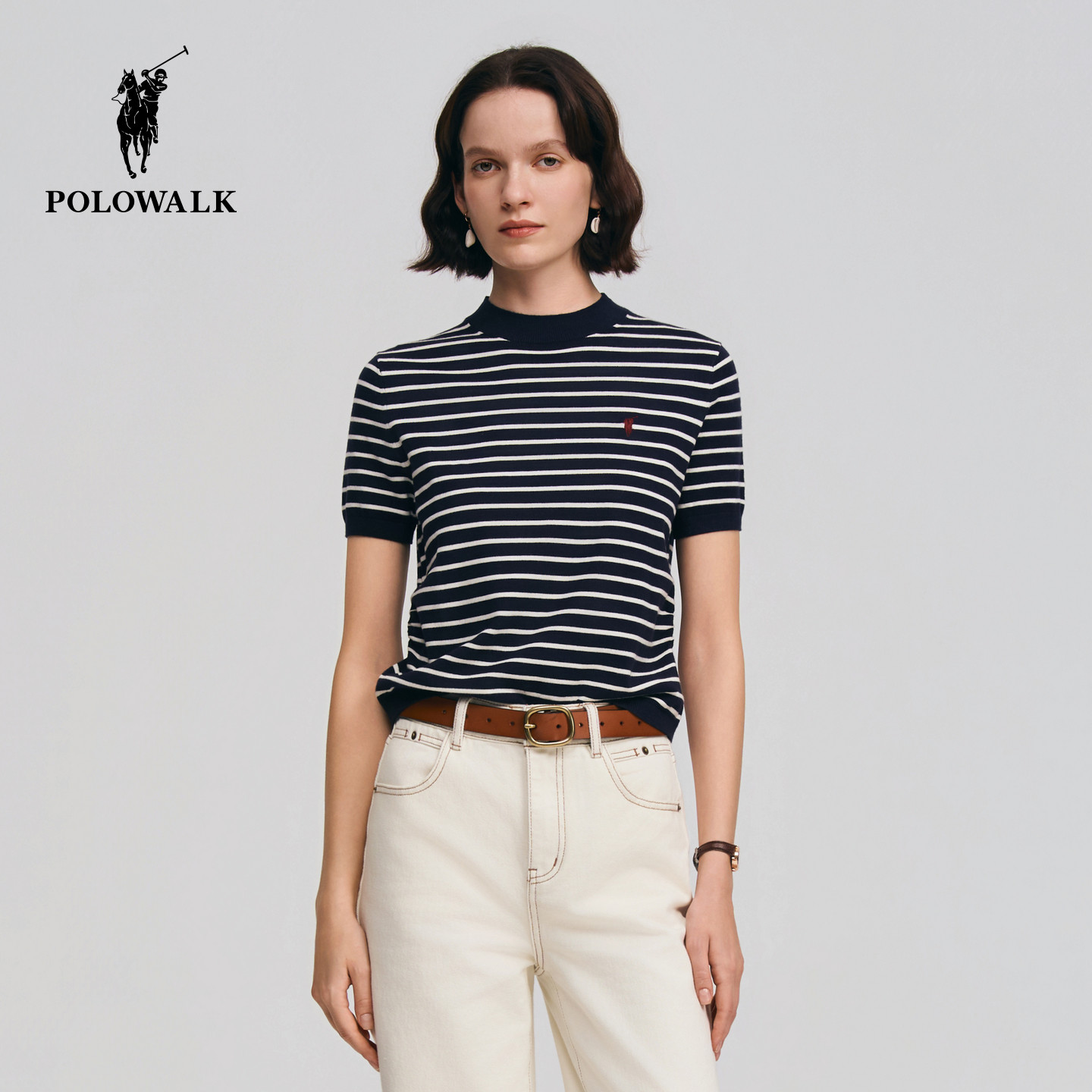 POLOWALK女式短袖针织衫2026春季新品圆领条纹侧抽褶显瘦通勤短袖