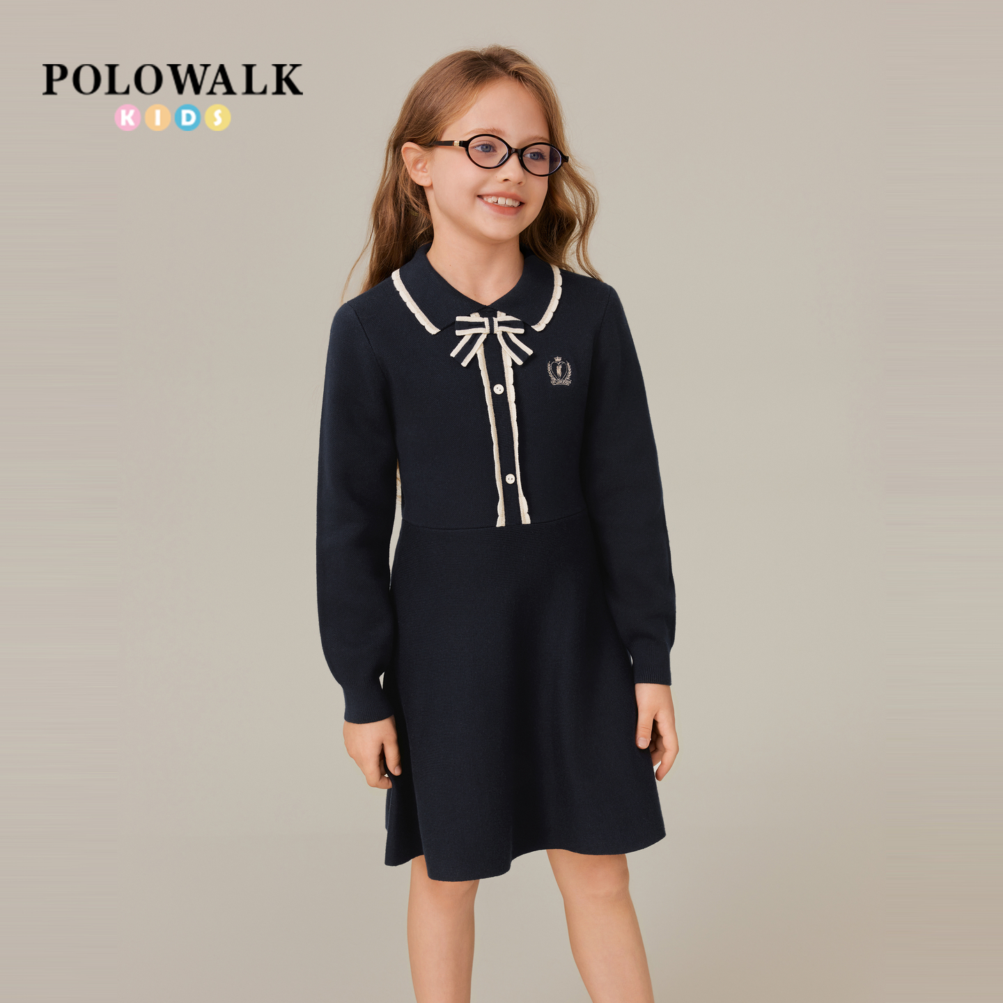 POLOWALK童装女童长袖连衣裙2025新品时尚设计甜美女童长袖连衣裙