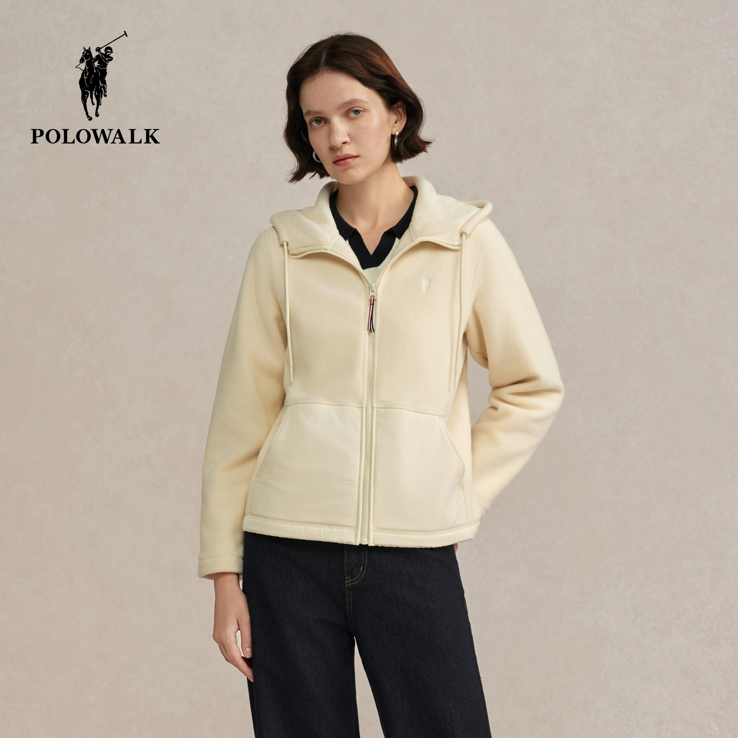 POLOWALK女式外套2025秋季新品摇粒绒显瘦连帽加绒拼接休闲外套