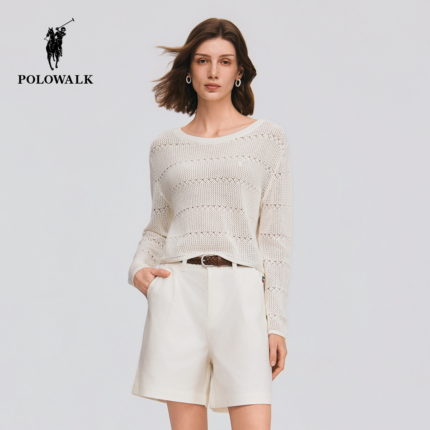 【100%棉】POLOWALK女式长袖T恤2026夏季新品简约百搭圆领针织衫
