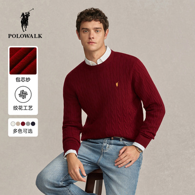 POLOWALK男士针织衫2026春季新品时尚绞花包芯纱圆领套头针织衫男