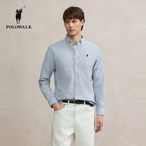 POLOWALK男式长袖衬衫2025秋季新品简系纯色商务通勤男装翻领衬衣