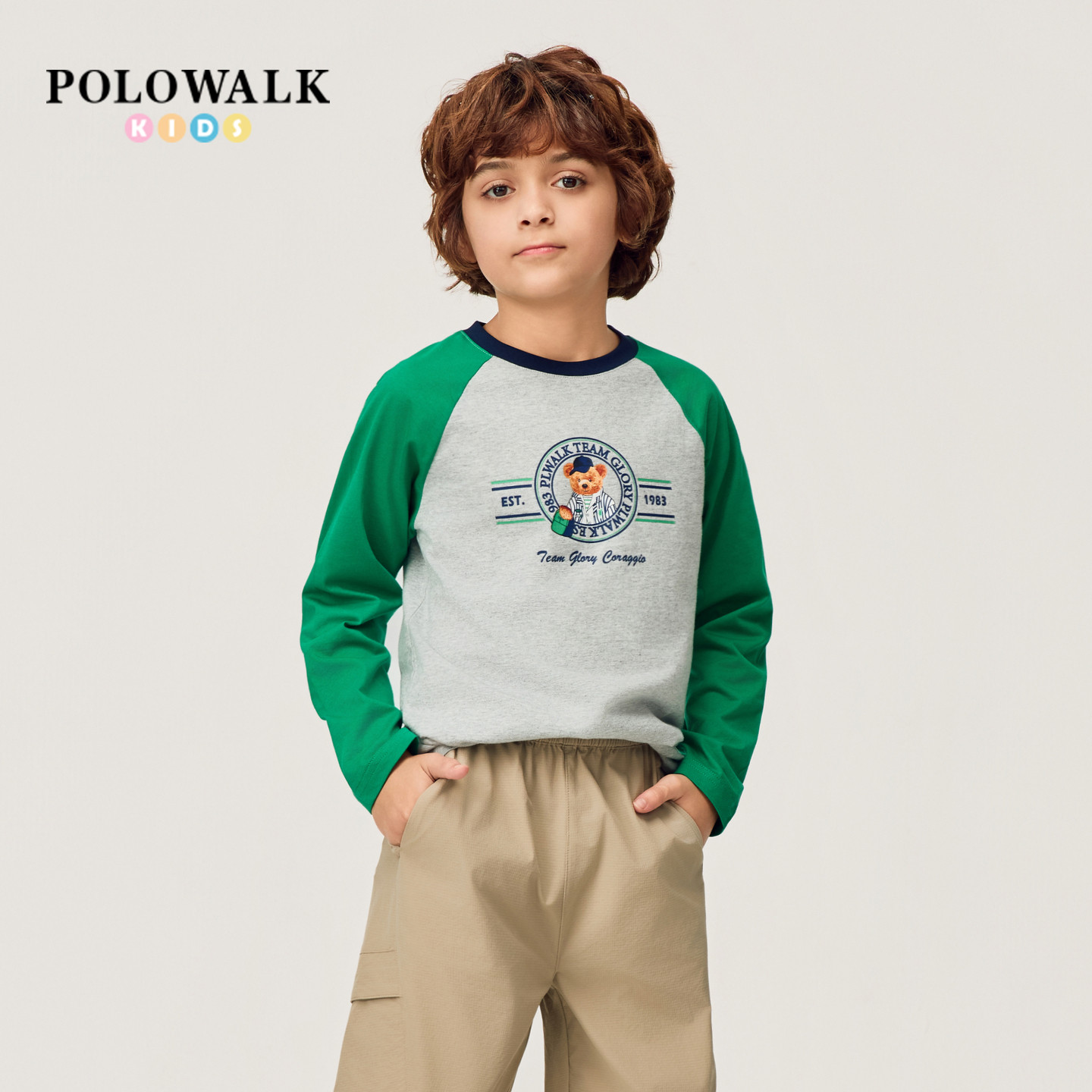 【100%棉】POLOWALK男童长袖T恤2026夏季新品小熊印花撞色长袖T恤