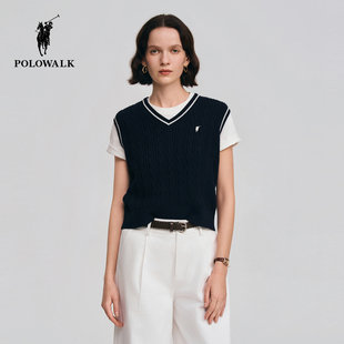 POLOWALK女式针织背心2026春季新品学院风V领撞色针织坎肩马甲