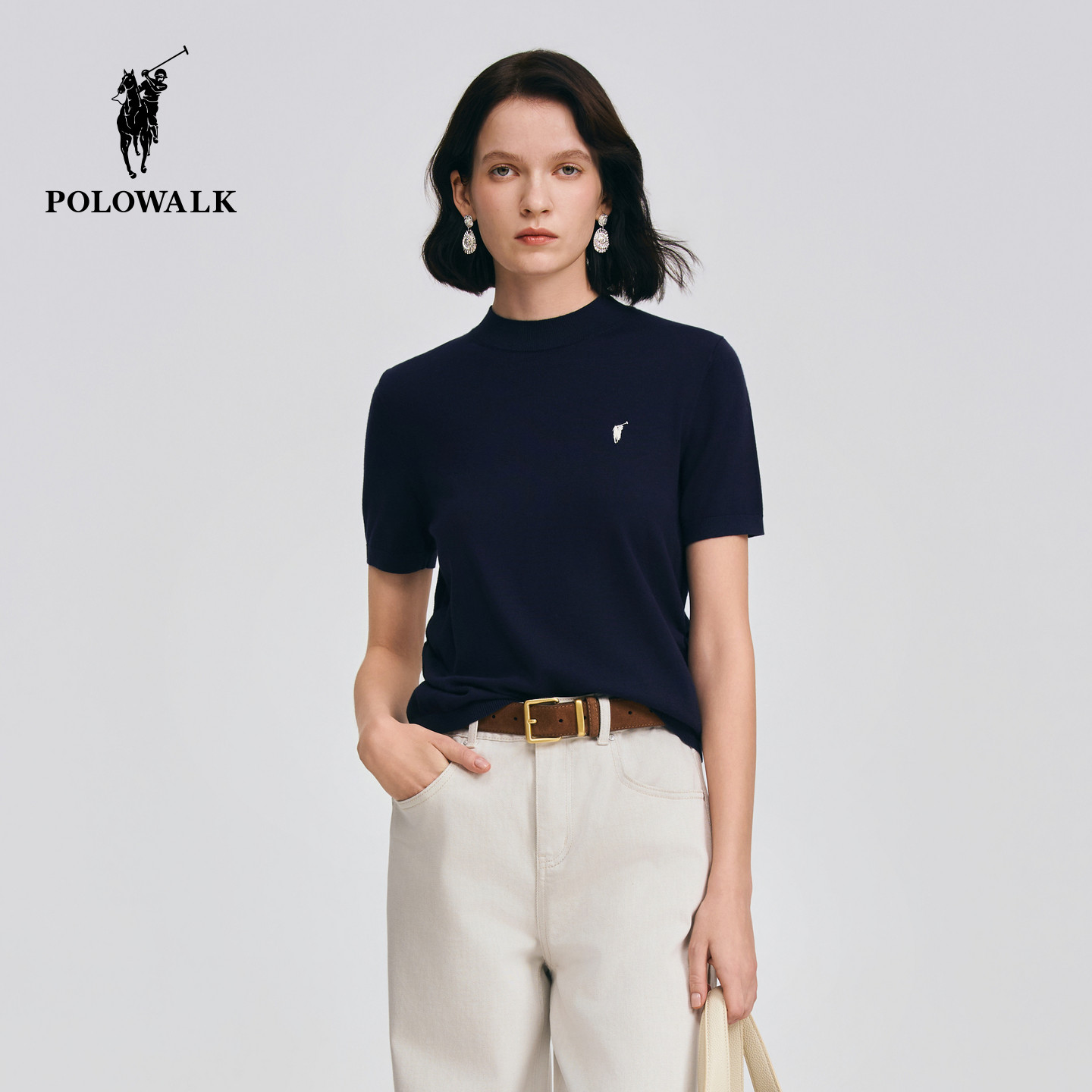 POLOWALK女式短袖针织衫2026春季新品圆领条纹侧抽褶显瘦通勤短袖