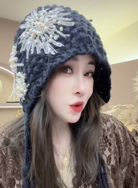 秋冬定制新款大烟花珠珠针织流苏帽显脸小复古韩系复古帽女款时尚