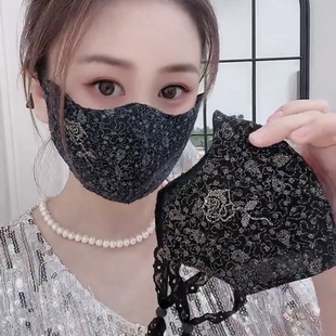 2025秋冬新款 复古典雅亮片刺绣玫瑰女人秋冬保暖口罩高颜值蕾丝耳