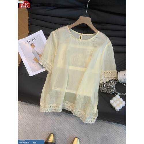 女2025夏新款蕾丝花边下摆短袖套头天丝衬衫宽松显瘦百搭上衣