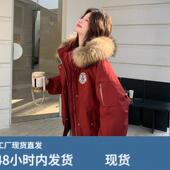 韩系复古休闲连帽鸭绒工装 红色派克羽绒服女冬季 2025新款 外套