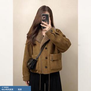 2026新款今年流行爆款皮毛一体棕色短款羊羔毛外套女冬季加绒加厚