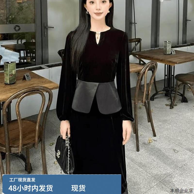 2025秋季气质名媛轻奢高级感大方得体法式黑色蕾丝丝绒连衣裙套装