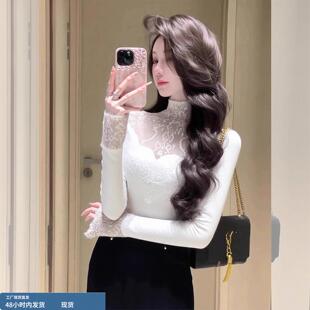 纯欲风白色蕾丝内搭打底衫上衣女冬天今年流行爆款半高领长袖t恤