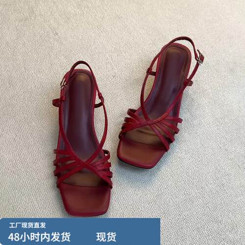 羊皮版~时尚感编织一字带露趾凉鞋女复古风氛围感中跟气质罗马鞋