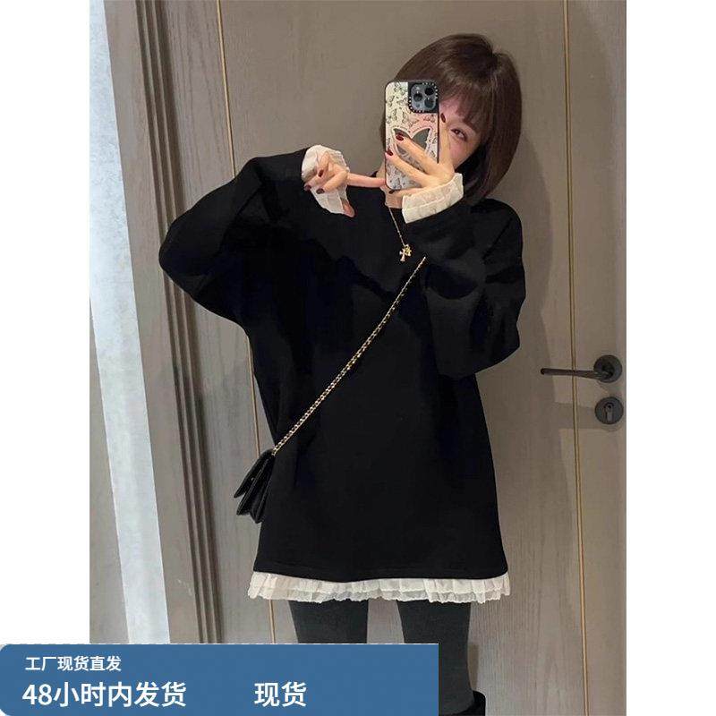 黑色长袖圆领蕾丝花边卫衣女秋冬欧货加绒中长款假两件打底衫上衣