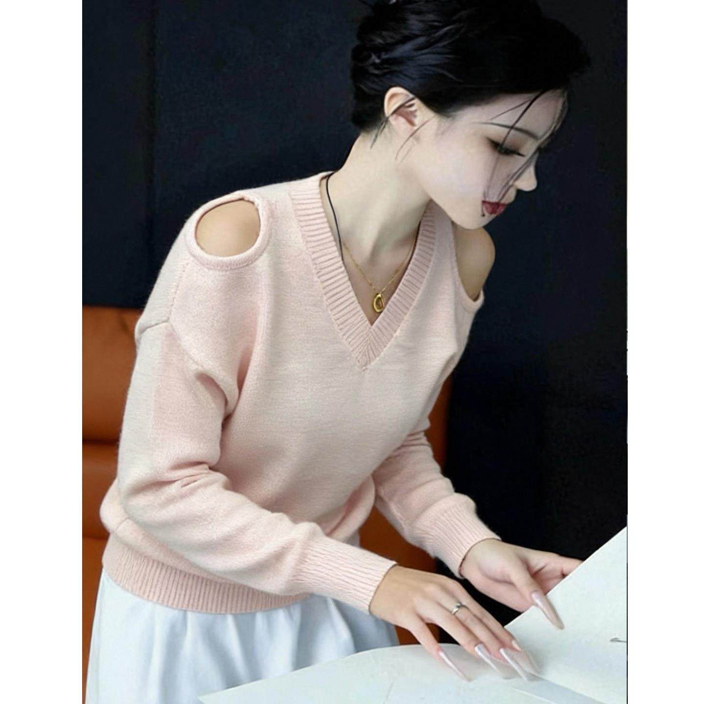 温柔chic绝美粉色v领露肩长袖针织衫女秋冬新款洋气减龄套头上衣,孕妇装/孕产妇用品/营养,套装,淘宝优惠券,粉丝福利购,淘宝优惠卷