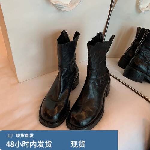 牛皮版~复古圆头粗跟显瘦短靴女真皮水洗手工马丁靴切尔西瘦瘦靴