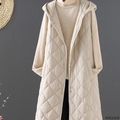 中长款连帽羽绒马甲棉服女秋冬纯色大衣内搭背心保暖修身无袖外套