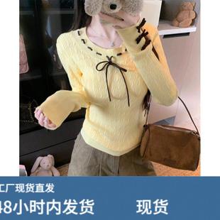 法式复古蝴蝶结绞花毛衣针织打底衫女内搭设计感修身长袖上衣秋冬