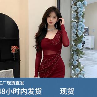 红色烫钻长袖洋装女春季微透性感修身显瘦辣妹包臀短裙礼服裙子