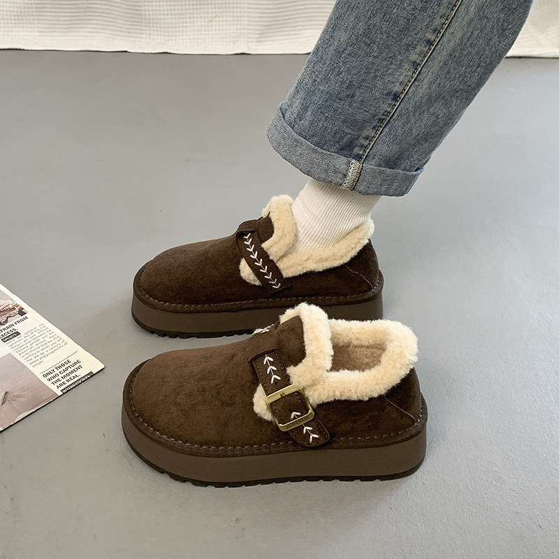厚底加绒勃肯鞋女2025新款冬季增高毛毛雪地靴豆豆鞋34码保1215r
