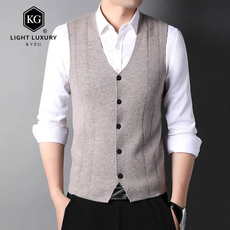 2025春季新款时尚轻奢无袖针织开衫马甲V领纯色毛衣背心衫男坎肩