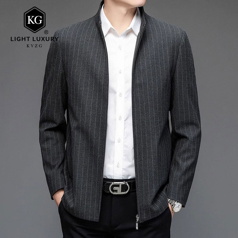 2025春季新款中老年男士外套商务休闲宽松夹克竖条纹爸爸装上衣