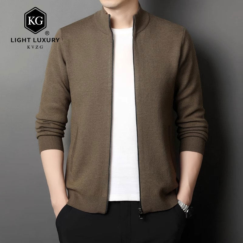 2025春季新款时尚轻奢立领针织开衫男士韩版休闲纯色拉链毛衣外套