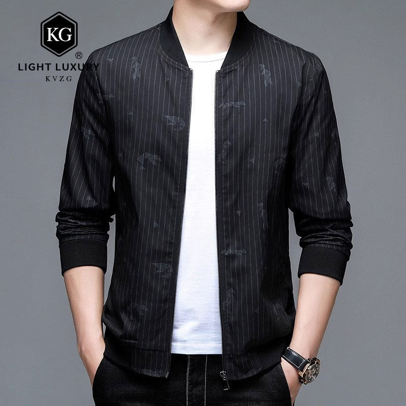 2025春季新款男士外套薄款棒球领上衣中年印花条纹休闲夹克衫男装