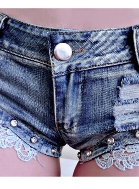 Solid color denim lace shorts for women纯色牛仔花边短裤女款