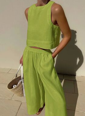 Solid color sleeveless shirt and pants set  无袖衬衫长裤套装