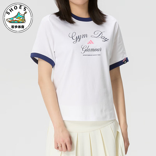 Adidas/阿迪达斯正品VERBIAGE新款女白蓝色撞色经典短袖T恤KB7196