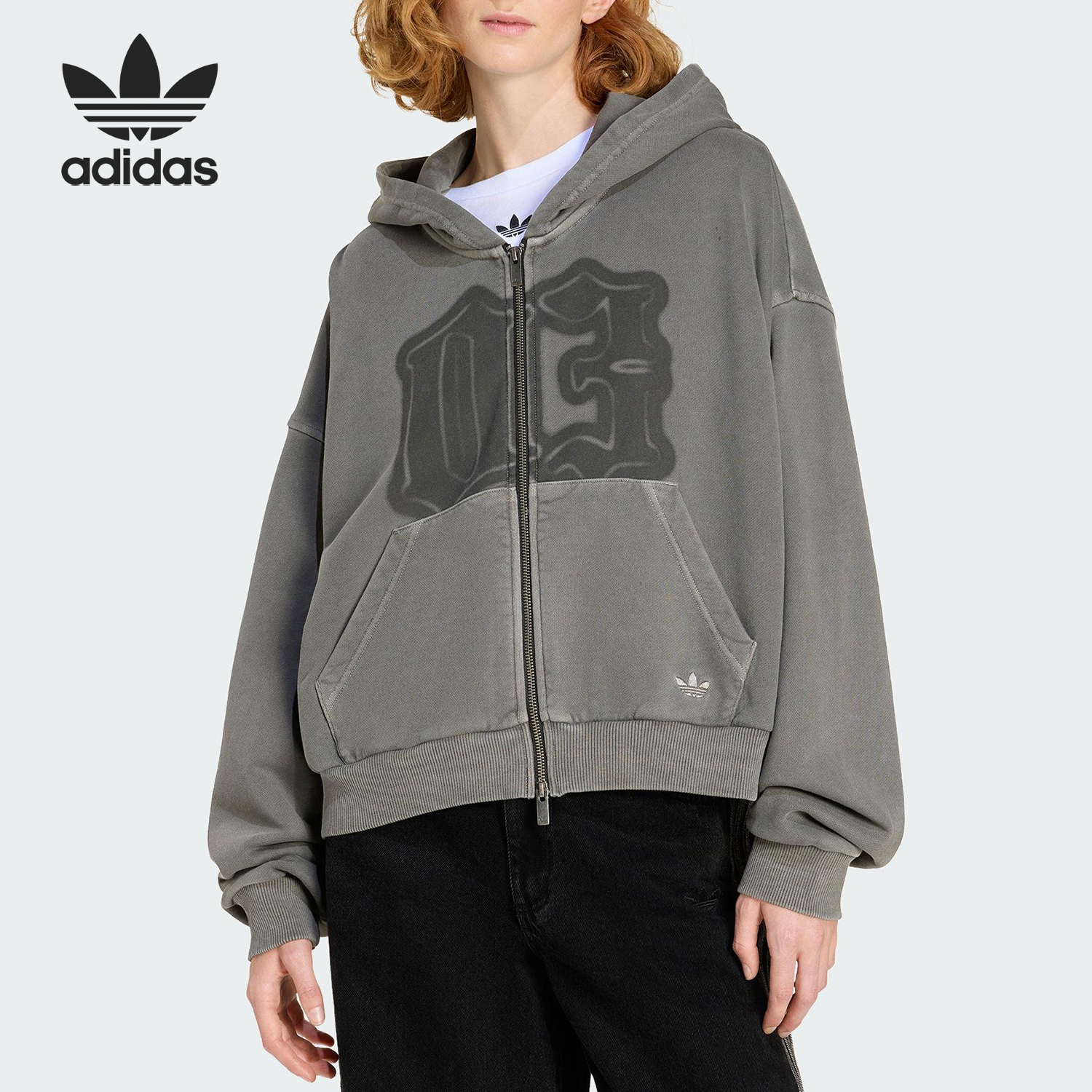 Adidas/阿迪达斯正品三叶草女士休闲宽松连帽针织拉链外套KE3302