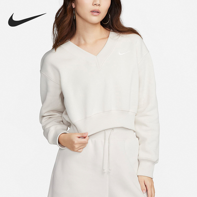 Nike/耐克正品春季新款女士短款加绒V领套头卫衣FN3652-104