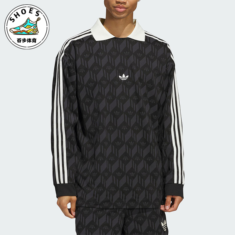 Adidas/阿迪达斯正品三叶草男女同款印花复古翻领长袖T恤JD5196