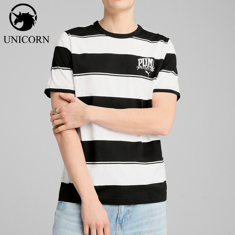 Puma/彪马正品2025夏季款男士耐穿条纹运动圆领休闲短袖688931-01