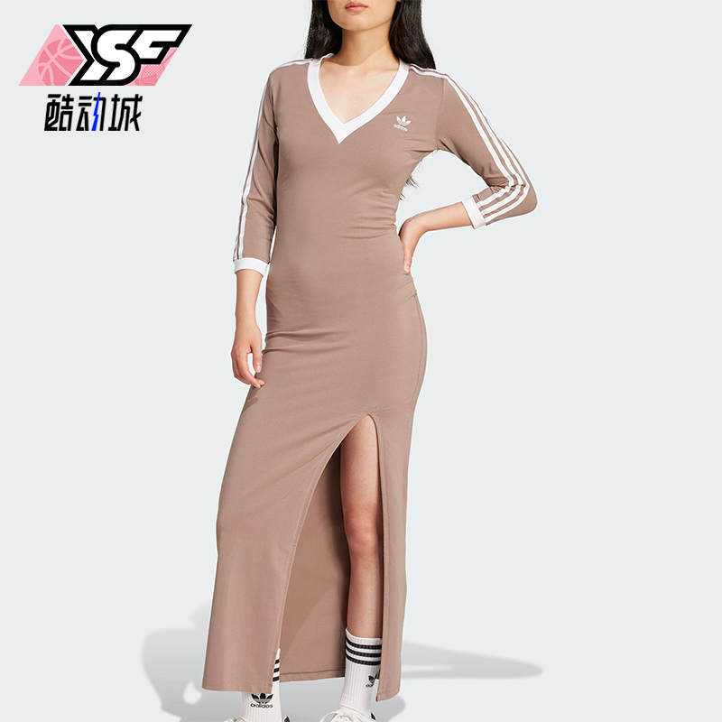 Adidas/阿迪达斯正品三叶草女士经典长款侧开叉V领连身裙JX5193