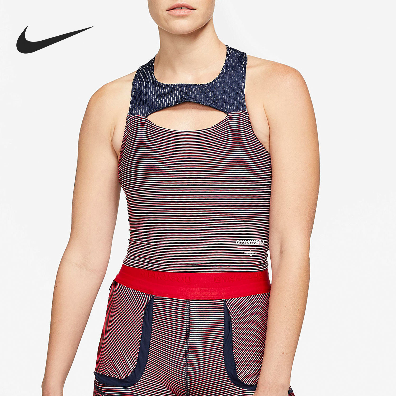 Nike/耐克正品运动女士条纹跑步圆领短款无袖背心CU1584-498