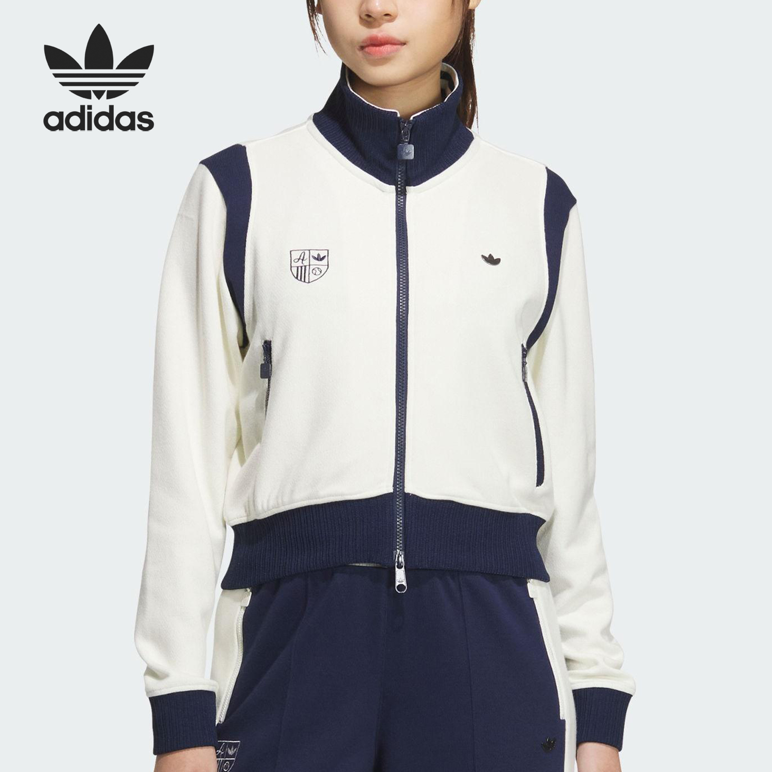 Adidas/阿迪达斯正品三叶草女士拉链复古针织立领运动外套JM8022