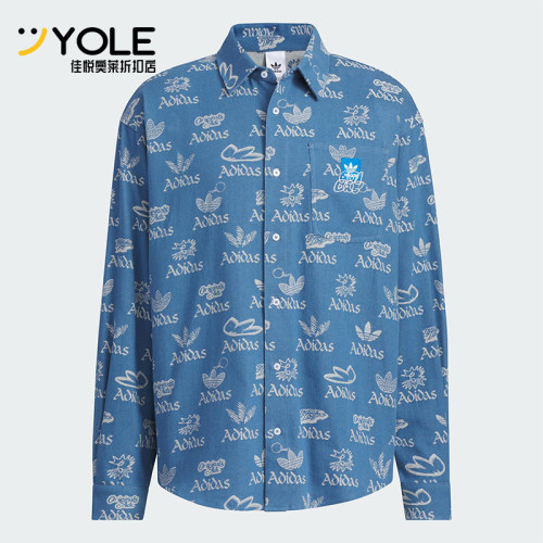 Adidas/阿迪达斯正品三叶草男士宽松翻领满印经典时尚衬衫JN1662