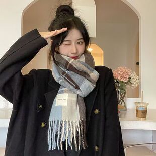 围巾女生秋冬季加厚保暖复古英伦风焦糖色长款经典英格兰格子披肩