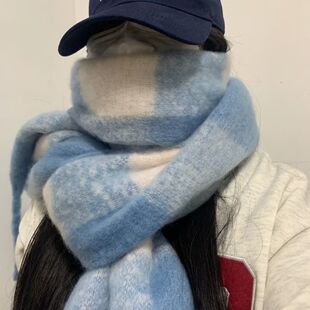 蓝色格子围巾女秋冬季加厚保暖韩系氛围感2025新款学生百搭大围脖