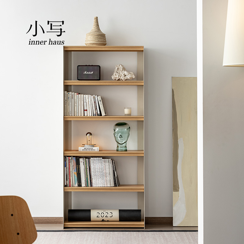 小写inner实木书架落地置物架日式原木色拼色一体靠墙收纳书柜子