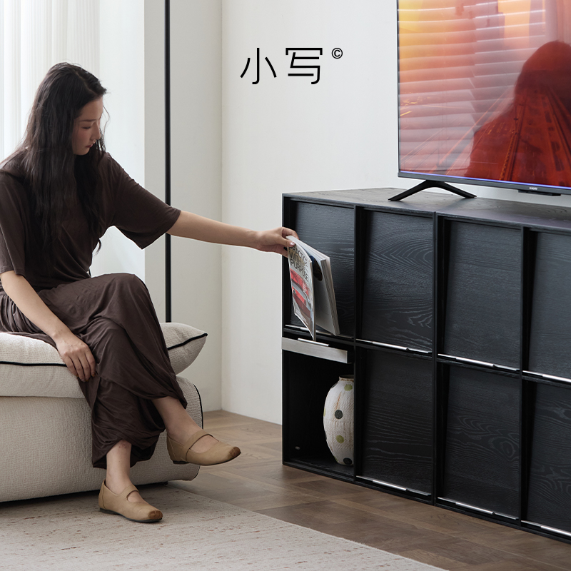 小写复古黑色实木书柜组合柜