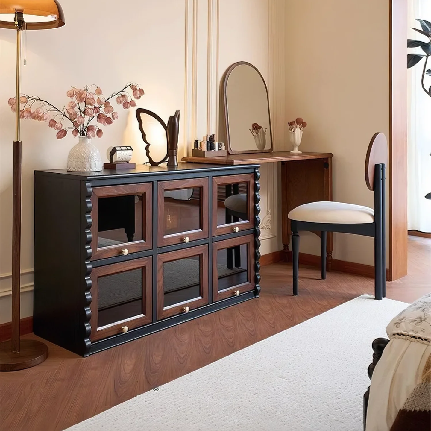 法式中古风卧室梳妆台斗柜一体床尾化妆台巧克力柜家用实木化妆桌