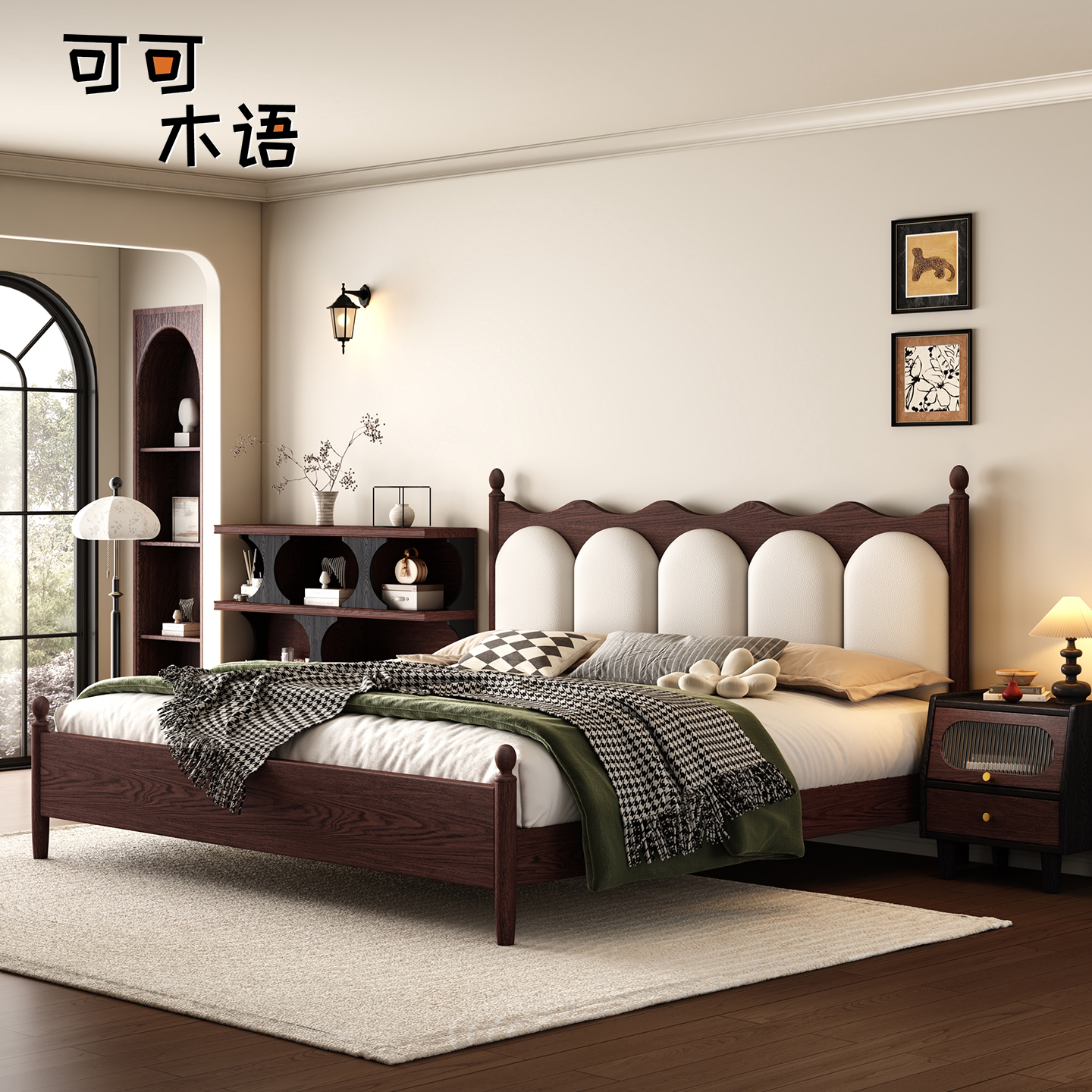 法式复古全实木床1米8双人床中古风红橡木软靠床主卧1米5双人婚床