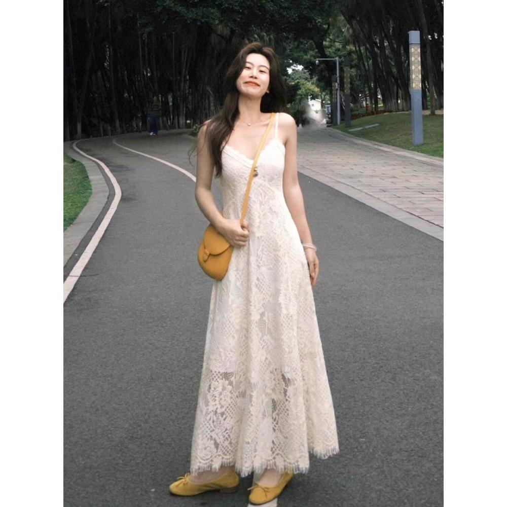 夏季穿搭套装裙女大码胖mm长款开衫旅游度假风蕾丝镂空吊带连衣裙