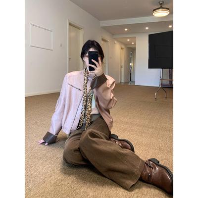 秋装搭配一整套大码胖mm粉色皮衣外套阔腿裤甜酷复古叠穿三件套女
