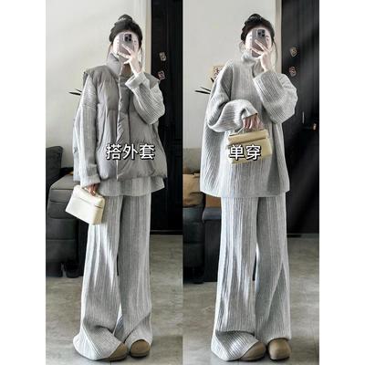 冬装搭配一整套大码胖mm针织上衣裤子棉服马甲韩系高级叠穿套装女