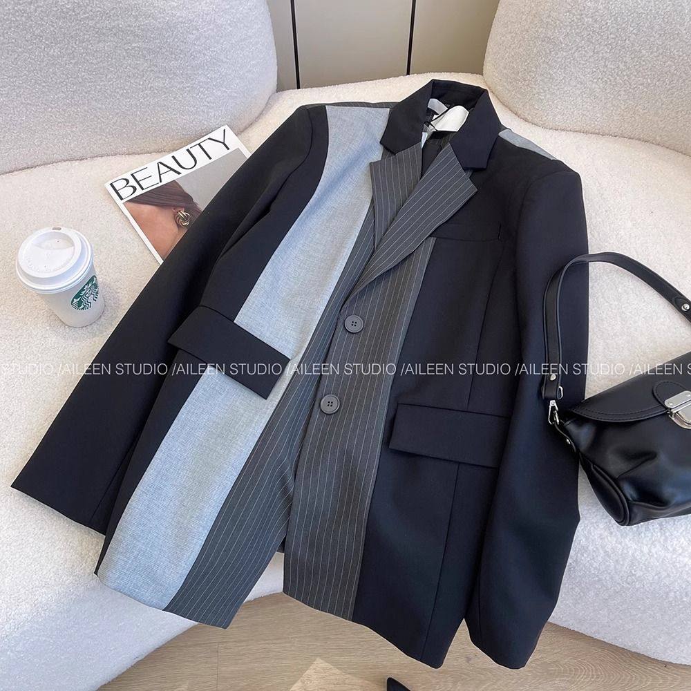 thumbnail for Design sense niche plus-size blazer women's 2025 autumn outfit new Korean version of fashion splicing temperament suit top