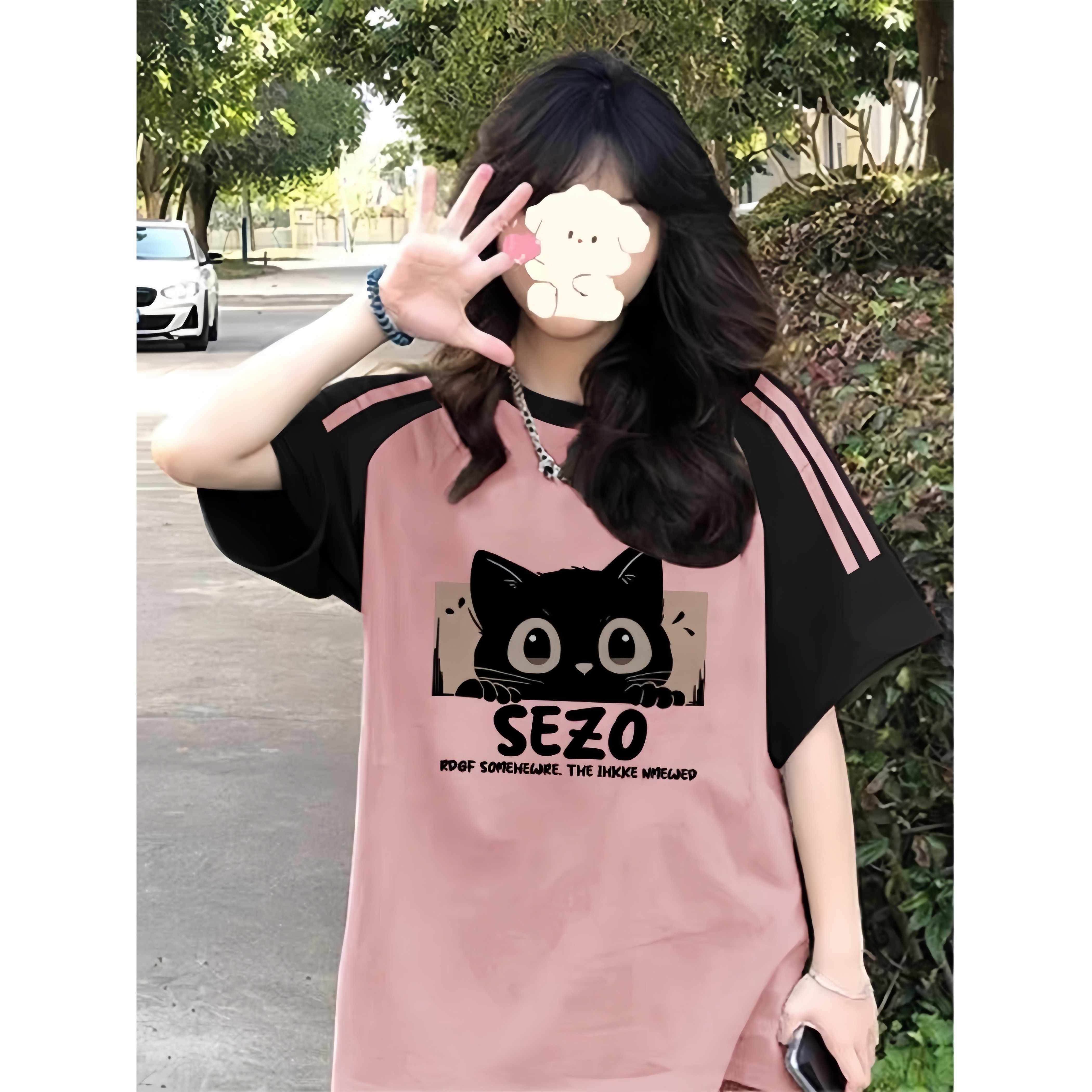 美式覆古三条杠插肩短袖t恤女大童夏季初中高中学生宽松半袖上衣